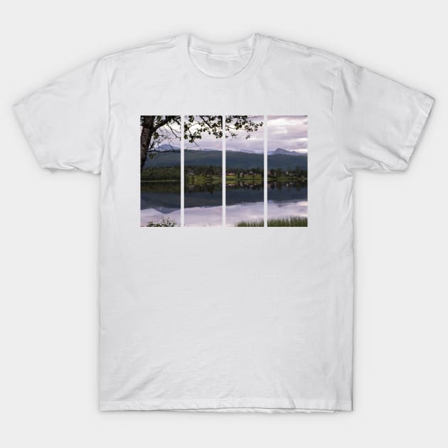 Wonderful landscapes in Norway. Nordland. Beautiful scenery of a valley with houses on the hill. Mirror in the lake. Calm water in a cloudy summer day. Snowed mountains in background. T-Shirt by fabbroni-art